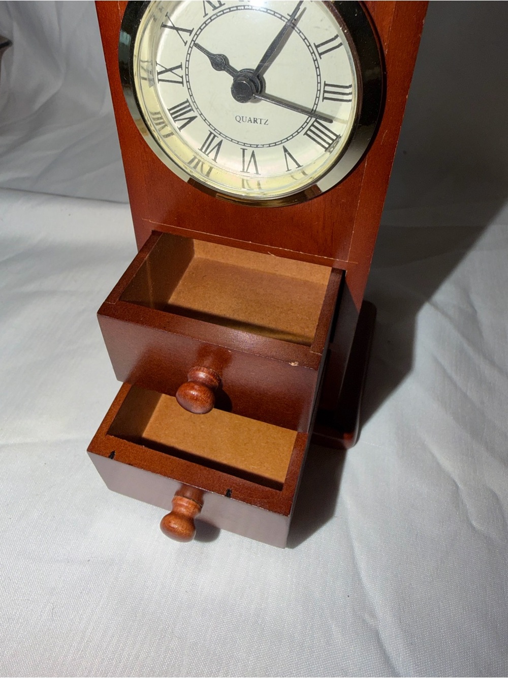 Vintage Wooden Desktop Arched Mantel Clock – 2 Drawer Trinket Jewelry Chest - Picture 3 of 10